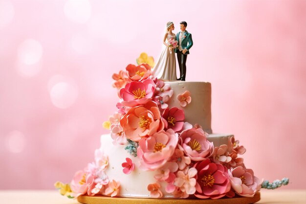 A wedding cake with a couple on top of it