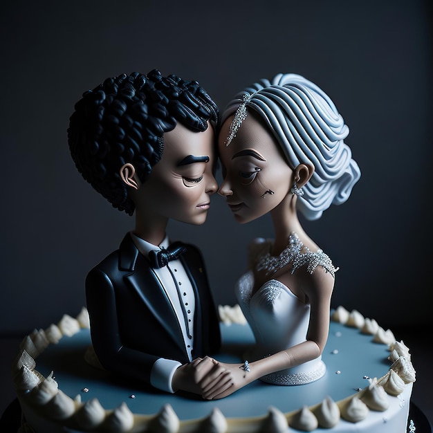 A wedding cake with a couple on top of it.