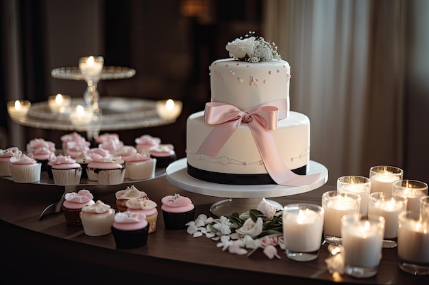 Wedding cake with cupcakes as toppers and ribbon created with generative ai