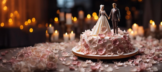 wedding cake with figures of the bride and groom on a blurred background Generative AI