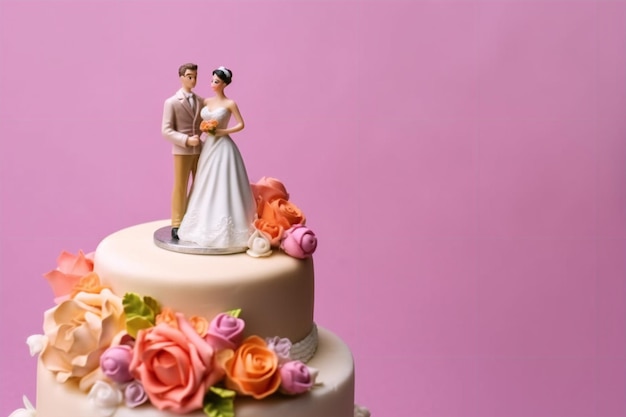Свадебный торт с фигурками жениха и невесты наверху.