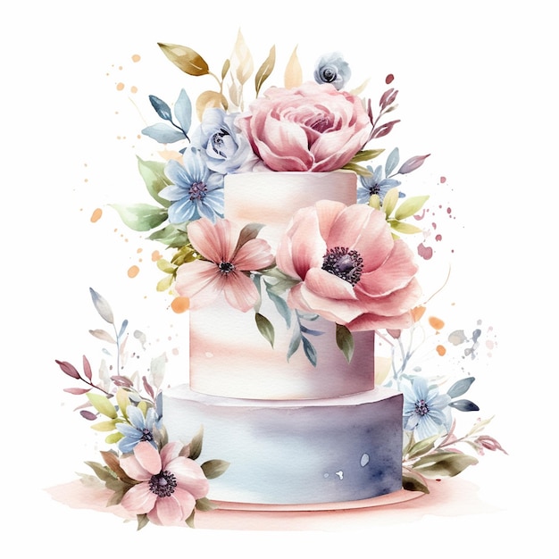 A wedding cake with flowers on it and the word cake on the top