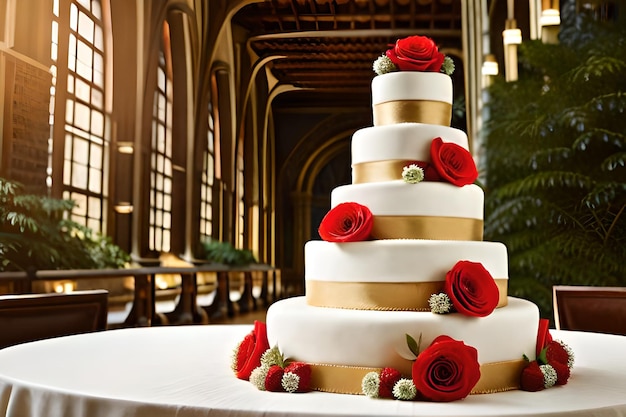 A wedding cake with gold ribbon and red roses on top.