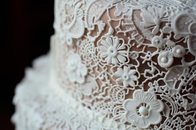 Photo wedding cake with intricate lace detailing closeup