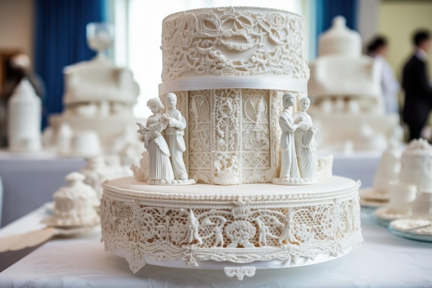 생성 인공 지능으로 만든 복잡한 왕실 아이싱 디테일과 설탕 조각상이 있는 웨딩 케이크