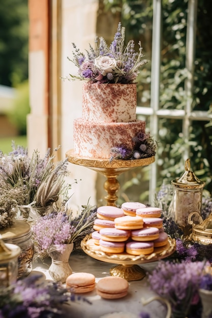 Wedding cake with lavender floral decor party celebration and holiday dessert in a countryside garden event food catering country cottage style generative ai