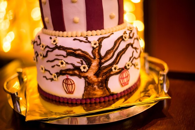 Wedding cake with a picture of a tree close up