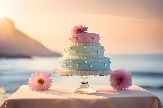 Photo a wedding cake with pink and blue frosting and a pink and white cake on a table with a lake in the background.