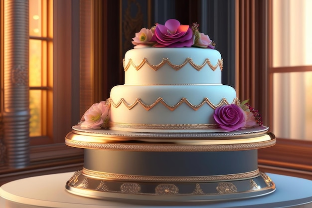 A wedding cake with a pink flower on the top