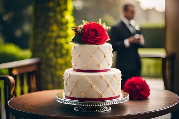 A wedding cake with a red rose on the top.