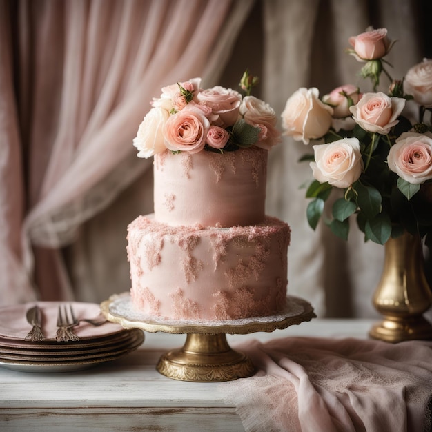 свадебный торт с розами и цветами на розовом фоне, свадебный торт с розами и цветами