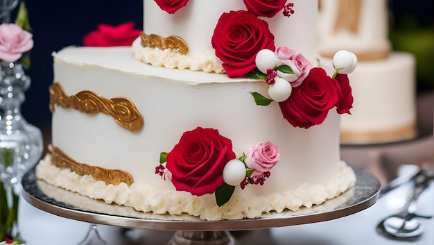 A wedding cake with roses on it