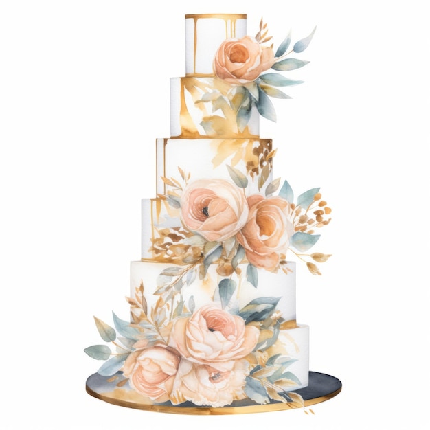 Foto torta nunziale con l'illustrazione dell'acquerello delle rose su fondo bianco