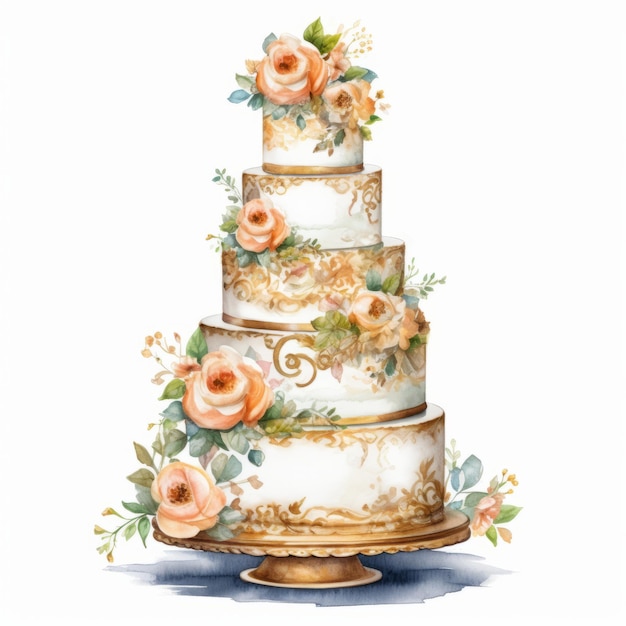 白い背景にバラの水彩イラストのウエディング ケーキ