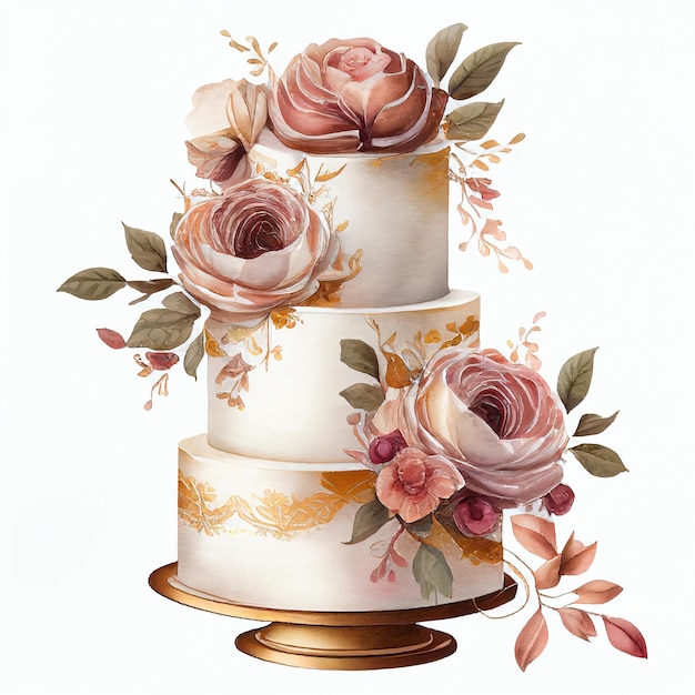 Wedding cake with roses in watercolor style Generative AI