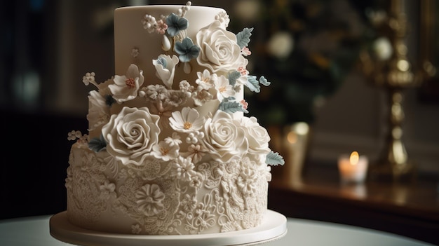 A wedding cake with white frosting and blue flowers