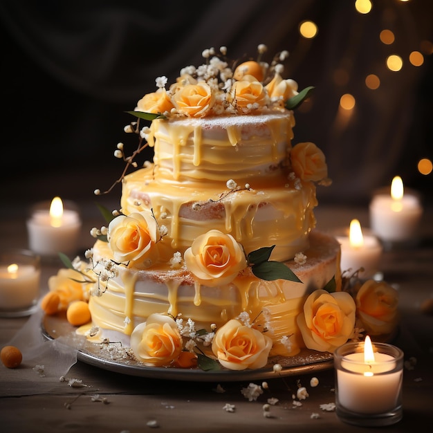 テーブル上の黄色いバラとろうそくのウェディングケーキ