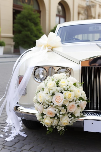 a wedding car with a bouquet on the front of it