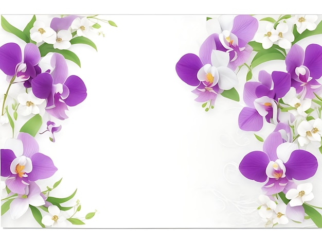 Wedding card with white and purple orchid flowers green leaves decorations