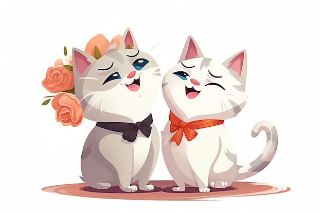 Свадебная пара кошек с цветком Милые кошки женаты Невеста кошки акварельная иллюстрация на белом фоне Концепция свадебной пары Постобработка изображения, сгенерированного AI