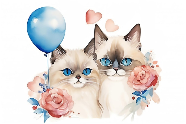 꽃과 함께 있는 웨딩 고양이 커플 귀여운 고양이 결혼 흰색 배경에 신부 고양이 수채화 그림 웨딩 커플 컨셉 후처리 AI 생성 이미지