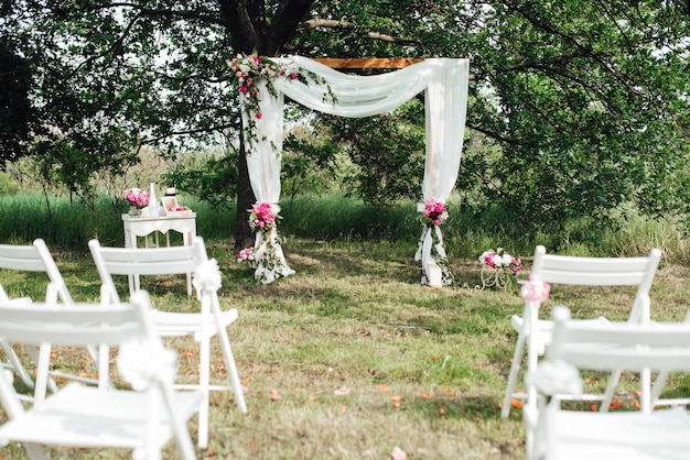 Photo wedding ceremony area, arch chairs decor