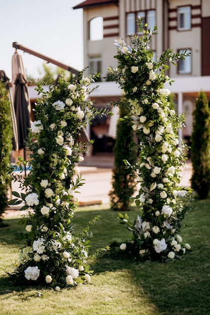 Wedding ceremony area, arch chairs decor