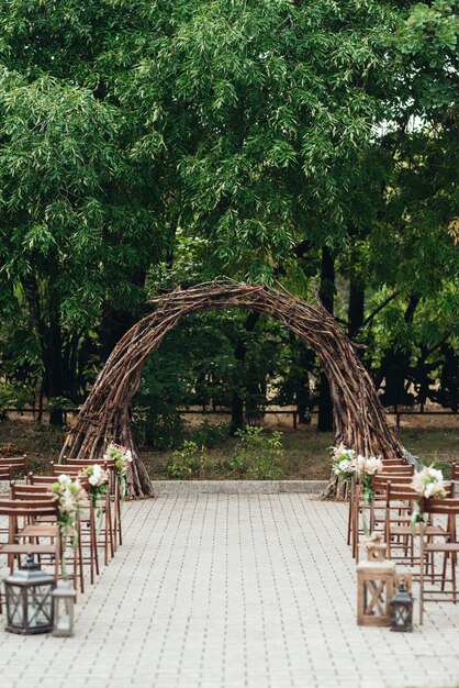 Wedding ceremony area, arch chairs decor