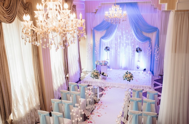 Wedding ceremony area, arch chairs decor