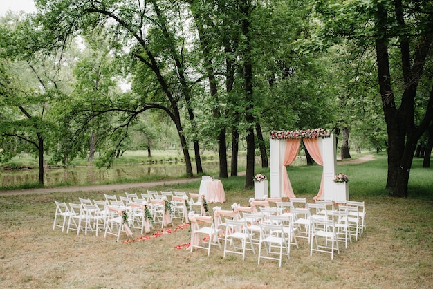 Wedding ceremony area, arch chairs decor