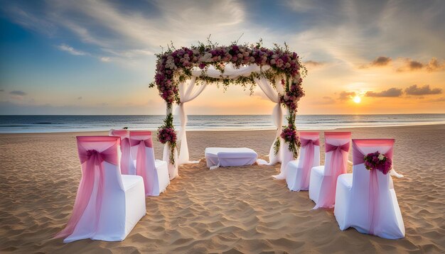 Photo wedding ceremony on the beach at sunset