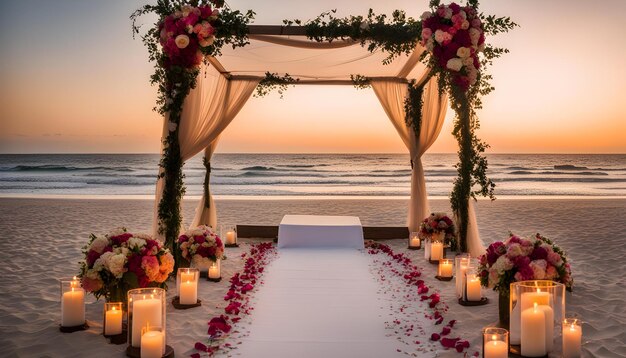 a wedding ceremony on a beach with candles and flowers on the table