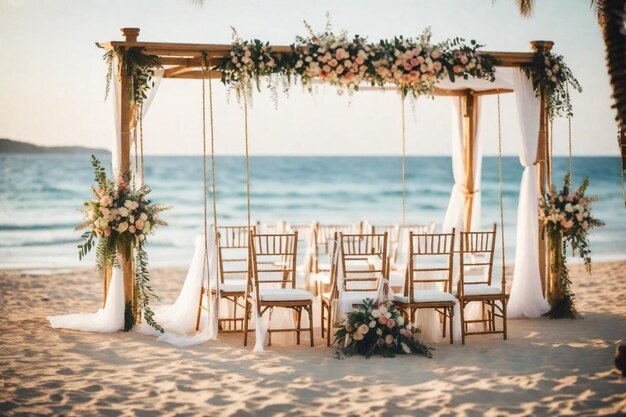 свадебная церемония на пляже с стульями и цветами на песке