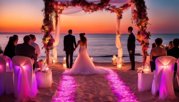 a wedding ceremony on a beach with a couple in silhouette