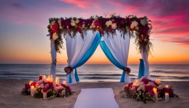 a wedding ceremony on a beach with flowers and candles