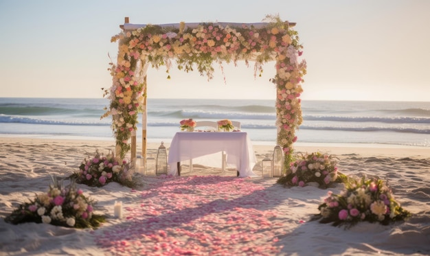 A wedding ceremony on the beach with flowers on the ground