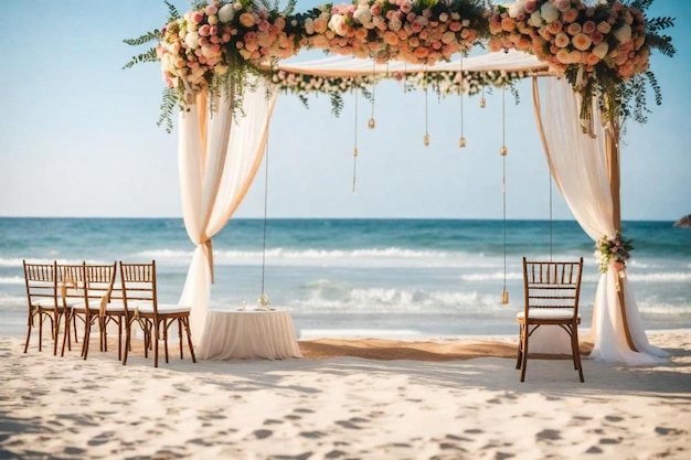 결혼식 이라는 표지판 을 가진 해변 의 결혼식