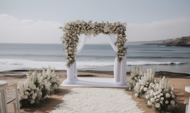 Photo a wedding ceremony on the beach with white flowers and white flowers.