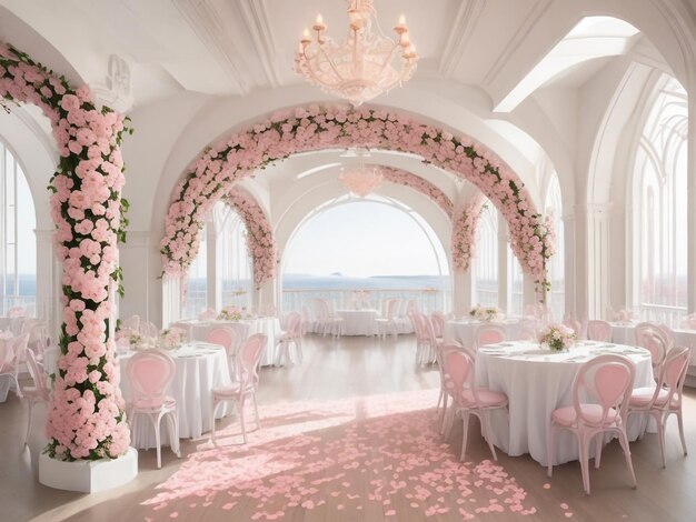 Photo wedding ceremony in a beautiful tent hall with dining tables decorated with bouquets of flowers