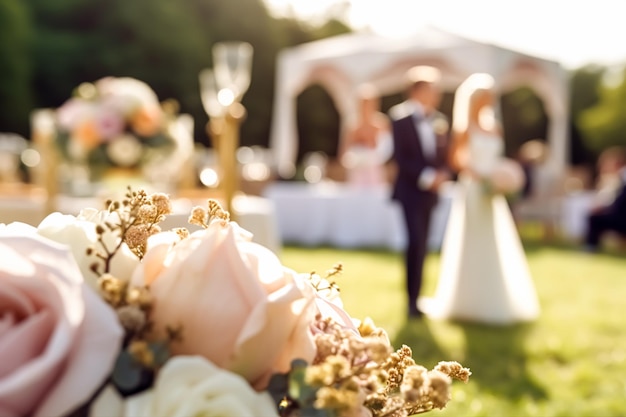 Foto cerimonia nuziale e celebrazione sposa e sposo in un bellissimo luogo all'aperto in una giornata di sole decorazione nuziale di lusso con fiori e bouquet nuziale post-elaborato generativo ai