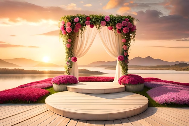 A wedding ceremony on a deck with flowers and a place for your text.