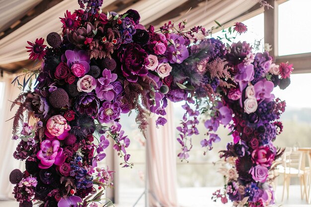 Wedding ceremony decor with wooden arch with flowers