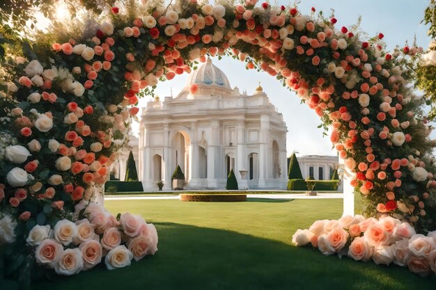 A wedding ceremony in front of a temple