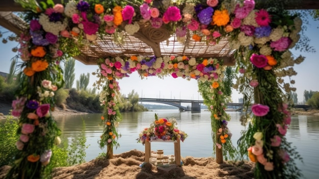 A wedding ceremony in the sand with a bridge in the background