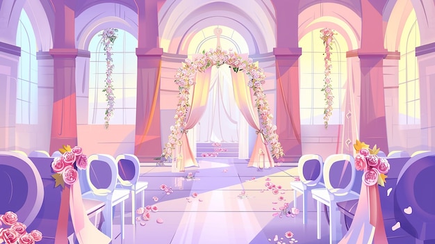 Wedding ceremony setup met boog gedrapeerd met lint vector cartoon