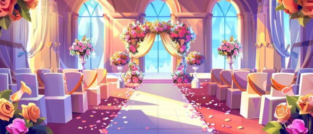 Photo wedding ceremony setup with roses bouquets and ribbons in a large royal castle ballroom cartoon modern illustration of marriage event and banquet place