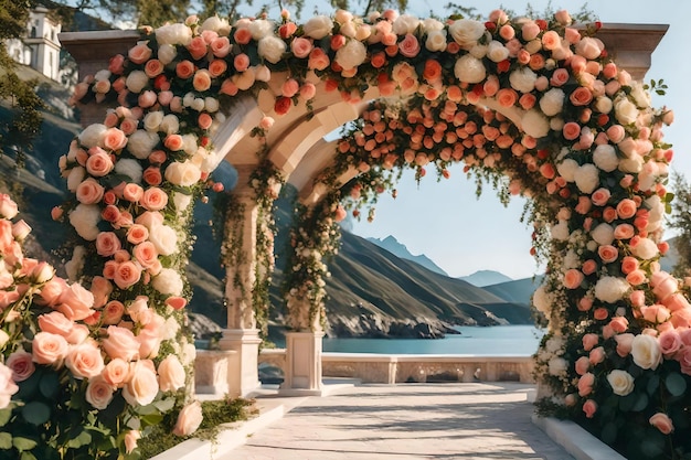 산과 바다의 아름다운 전망을 가진 결혼식.