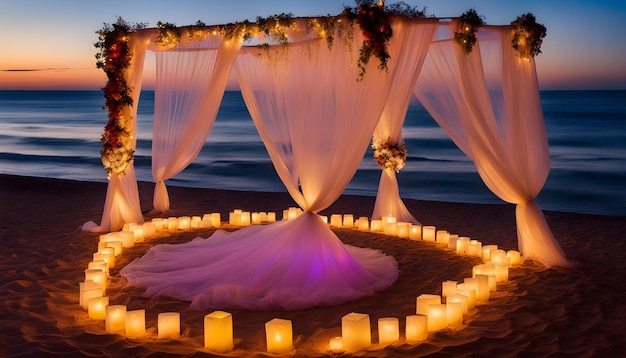 a wedding ceremony with candles on the beach and a boho beach scene