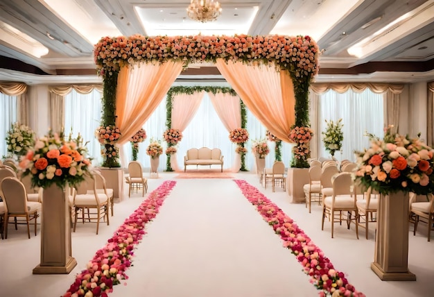 a wedding ceremony with flowers on the floor and a chandelier hanging from the ceiling