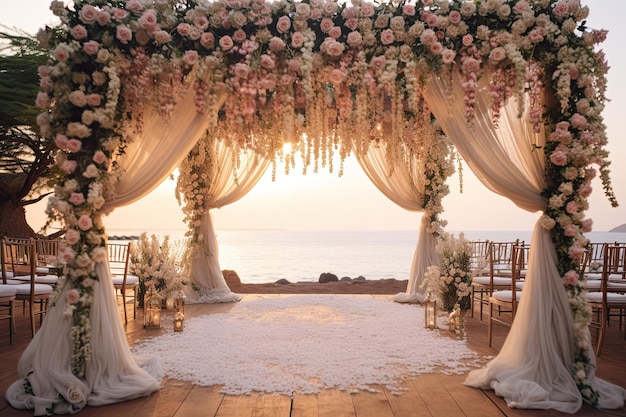 浜辺で花を飾った結婚式でライトが吊るされています